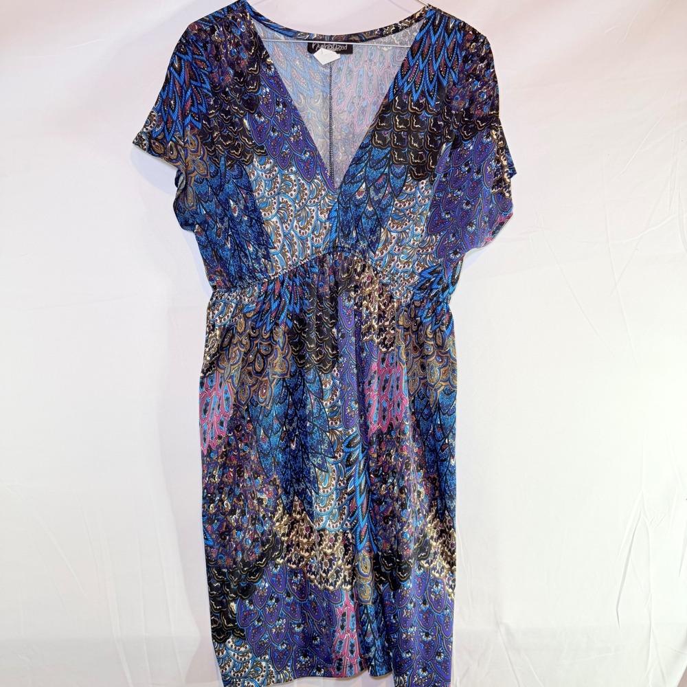 Hypnotized Blue Peacock Paisley Print Empire‎ Waist V-Neck Dress Womens Size M